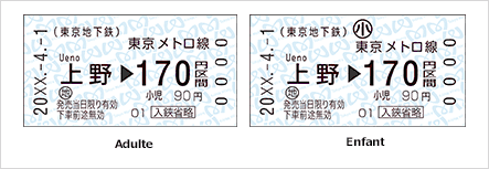 Les tickets sont vendus aux distributeurs automatiques qui se trouvent dans toutes les stations de Tokyo Metro.
Les tickets peuvent être achetés pour des valeurs de 170, 200, 240, 280 et 310 yens. Sélectionnez le tarif en fonction de la distance parcourue.