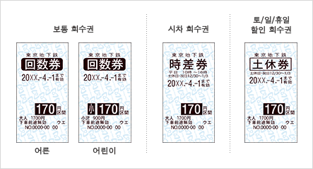         2023년 2월 28일(화)을 기해 ‘보통 회수권’, ‘시차 회수권’, ‘토·휴일 할인 회수 승차권’의 발매가 종료되었습니다. ※장애인용 할인 회수 승차권, 통학용 할인 회수 승차권은 계속 발매됩니다.