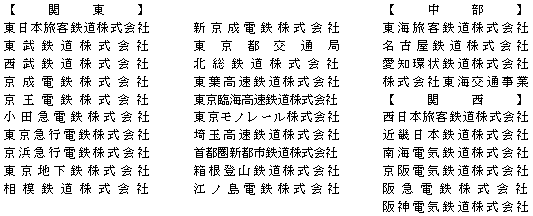 【関東】 東日本旅客鉄道株式会社 東武鉄道株式会社 西武鉄道株式会社 京成電鉄株式会社 京王電鉄株式会社 小田急電鉄株式会社 東京急行電鉄株式会社 京浜急行電鉄株式会社 東京地下鉄株式会社 相模鉄道株式会社 新京成電鉄株式会社 東京都交通局 北総鉄道株式会社 東葉高速鉄道株式会社 東京臨海高速鉄道株式会社 東京モノレール株式会社 埼玉高速鉄道株式会社 首都圏新都市鉄道株式会社 箱根登山鉄道株式会社 江ノ島電鉄株式会社 【中部】 東海旅客鉄道株式会社 名古屋鉄道株式会社 愛知環状鉄道株式会社 株式会社東海交通事業 【関西】 西日本旅客鉄道株式会社 近畿日本鉄道株式会社 南海電気鉄道株式会社 京阪電気鉄道株式会社 阪急電鉄株式会社 阪神電気鉄道株式会社