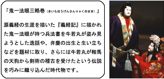 「鬼一法眼三略巻（きいちほうげんさんりゃくのまき）」
源義経の生涯を描いた『義経記』に描かれた鬼一法眼が持つ兵法書を牛若丸が盗み見ようとした逸話や、弁慶の出生と生い立ちなどを題材に取り、さらには牛若丸が鞍馬の天狗から剣術の稽古を受けたという伝説を巧みに織り込んだ時代物です。